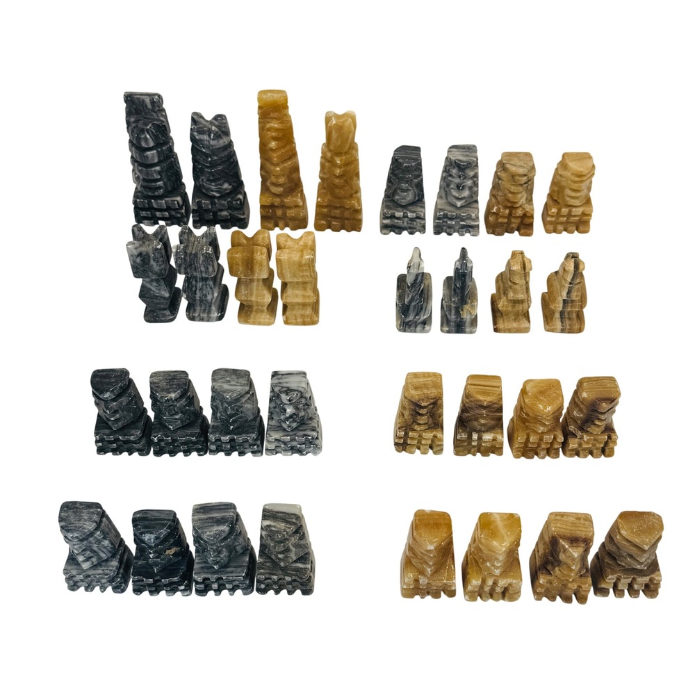 Hand-Carved Mexican‎ Onyx Stone Chess Pieces Set 32 Abstract Modernist Vintage